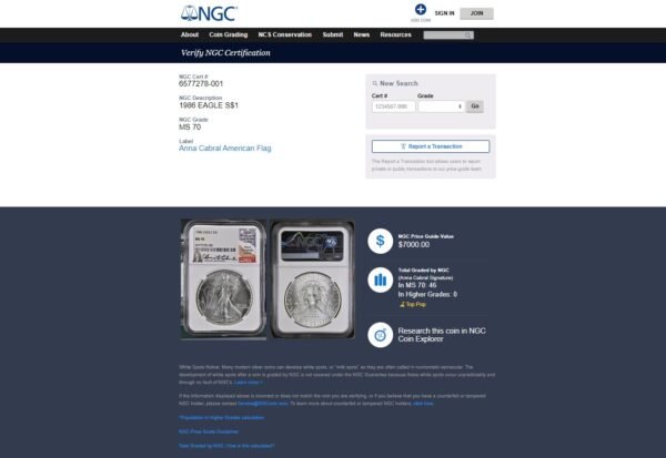 1986CABRAL-Copy-1.jpg 1986 ASE MS70 ANNA CABRAL SIGNED SILVER EAGLE (ONLY 25 SIGNED!)