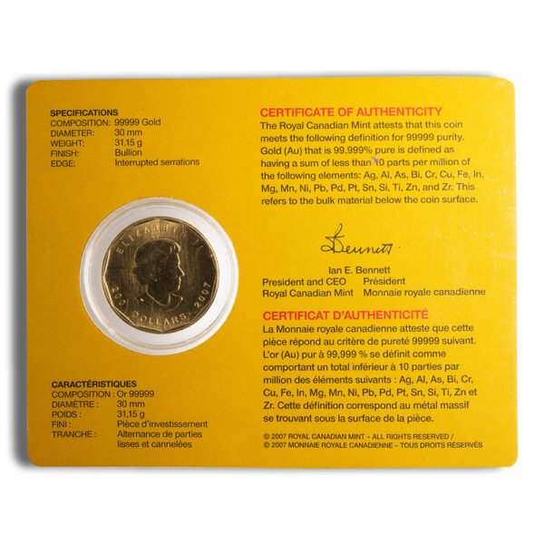 Canada 1 oz Gold Coin .99999 - Year/Design Varies (w/Assay Card)