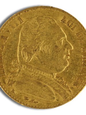 id10082911c3373346hPf7SvonOgEZqZoO4sT-VYQz9ZWRNXxwFPwzFMVcWfe6ibQHpext-1.jpg France Gold 20 Francs - Louis XVIII (1814-1815)