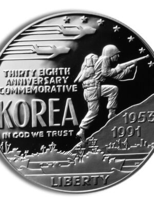 1991 Korean War Thirty Eighth Anniversary Commemorative Silver One Dollar Proof Obverse 1991-P width=