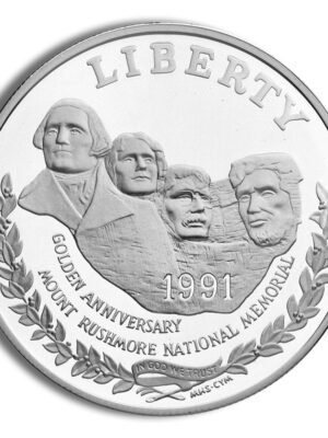 1991 Mount Rushmore Golden Anniversary Commemorative Silver One Dollar Proof Obverse 1991-S width=