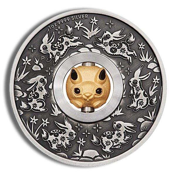 2023 1 oz Silver Year of the Rabbit Rotating Charm - Antiqued