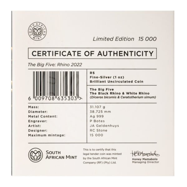 2022 1 oz Silver South Africa Big 5 Rhino BU